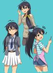  1girl :d ;d alternate_hairstyle antenna_hair apron arm_behind_back black_hair blue_background blue_bow blue_eyes blue_neckwear blue_shorts bow brown_pants brown_sweater collarbone cropped_legs fang ganaha_hibiki grey_jacket grey_shirt hair_between_eyes hair_bow hair_over_shoulder head_tilt high_ponytail holding idolmaster idolmaster_(classic) jacket lieass long_hair looking_at_viewer looking_back miniskirt necktie off-shoulder_sweater one_eye_closed open_clothes open_jacket open_mouth pants pink_apron pleated_skirt polka_dot polka_dot_bow shirt short_shorts short_sleeves shorts simple_background skirt smile solo standing striped striped_shirt sweater very_long_hair white_polka_dots white_skirt yellow_bow 