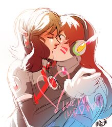  2girls backlighting blush bodysuit brown_eyes brown_hair commentary d.mon_(overwatch) d.va_(overwatch) english_commentary flipped_hair french_kiss headphones kiss long_hair medium_hair multiple_girls onsta overwatch pilot_suit shoulder_grab shoulder_pads surprise_kiss surprised whisker_markings yuri 