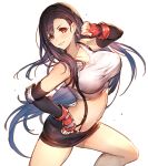  breasts earrings elbow_gloves elbow_pads final_fantasy final_fantasy_vii fingerless_gloves gloves jewelry large_breasts long_hair low-tied_long_hair midriff miniskirt oro_(sumakaita) shirt skirt suspender_skirt suspenders tank_top taut_clothes taut_shirt tifa_lockhart 