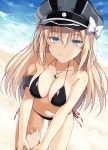  1girl bare_shoulders beach bikini bismarck_(kantai_collection) black_bikini blonde_hair blue_eyes blush bow breasts collarbone commentary_request day eyebrows_visible_through_hair from_above halterneck hat hat_bow highres holding_hand iron_cross jewelry kantai_collection long_hair looking_at_viewer looking_up navel necklace oota_yuuichi peaked_cap ribbon side-tie_bikini smile smiley_face string_bikini sweatdrop swimsuit water white_bow wrist_grab 