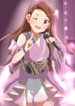  1girl :d arm_strap asymmetrical_sleeves brown_eyes brown_hair cowboy_shot floating_hair floral_print hairband head_tilt holding holding_microphone idol idolmaster idolmaster_(classic) index_finger_raised japanese_clothes kimono lieass long_hair looking_at_viewer microphone minase_iori open_mouth pink_ribbon print_kimono purple_hairband purple_kimono ribbon short_shorts shorts smile solo stage standing very_long_hair white_shorts 