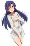  1girl :d blue_hair blush brown_eyes collarbone covering covering_breasts covering_crotch dutch_angle eyebrows_visible_through_hair floating_hair hair_between_eyes idolmaster idolmaster_(classic) kisaragi_chihaya lieass long_hair naked_coat open_mouth see-through shiny shiny_hair shiny_skin simple_background sketch smile solo standing very_long_hair white_background 