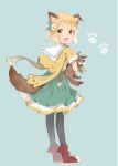  1girl :d animal animal_ears animal_hug bangs black_legwear blonde_hair blush boots braid brown_eyes cartoon_bone commentary_request dog dog_ears dog_girl dog_tail dress eyebrows_visible_through_hair flower full_body granblue_fantasy green_background green_dress green_ribbon hair_between_eyes hair_flower hair_ornament hair_ribbon highres jacket looking_at_viewer looking_back mouth_hold ooyama_imo open_mouth pantyhose pleated_dress red_footwear ribbon short_hair short_sleeves simple_background single_braid smile solo standing tail vajra_(granblue_fantasy) white_flower yellow_jacket 
