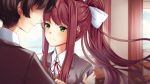  1boy 1girl brown_hair classroom commentary doki_doki_literature_club english_commentary eyebrows_visible_through_hair faceless faceless_male game_cg green_eyes grey_jacket hair_ribbon hetero indoors jacket long_hair looking_at_another monika_(doki_doki_literature_club) peachcake ponytail protagonist_(doki_doki_literature_club) ribbon school_uniform smile white_ribbon 