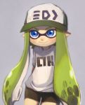  1girl :3 baseball_cap bike_shorts blue_eyes blush domino_mask great_kichi green_hair hat inkling mask pointy_ears smile solo splatoon tentacle_hair 