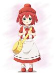  1girl absurdres agung_syaeful_anwar apron bag bangs beret blush boots collared_shirt commentary cosplay english_commentary erythroblast_(hataraku_saibou) erythroblast_(hataraku_saibou)_(cosplay) eyebrows_visible_through_hair full_body green_eyes hair_between_eyes hat hataraku_saibou highres kurosawa_ruby looking_at_viewer love_live! love_live!_sunshine!! parted_lips red_blood_cell_(hataraku_saibou) red_blood_cell_(hataraku_saibou)_(cosplay) red_footwear red_hat red_shirt red_skirt redhead shirt short_sleeves shoulder_bag skirt solo standing two_side_up waist_apron white_apron 