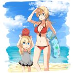  2girls alternate_costume arms_up bare_shoulders bikini bismarck_(kantai_collection) blonde_hair blue_eyes breasts child cleavage commentary_request highres kantai_collection long_hair low_twintails multiple_girls navel octopus pokasu prinz_eugen_(kantai_collection) red_bikini swimsuit twintails younger 