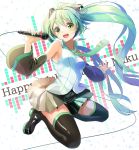  1girl breasts detached_sleeves eyebrows_visible_through_hair full_body green_eyes green_hair hatsune_miku highres long_hair microphone nail_polish necktie pleated_skirt shi-ro skirt solo thigh-highs twintails very_long_hair vocaloid 