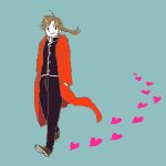  1boy alphonse_elric antenna_hair black_pants black_shirt blue_background brown_footwear brown_hair clothes_lift coat conqueror_of_shambala full_body fullmetal_alchemist hand_in_pocket happy heart looking_back lowres male_focus mattsu pants ponytail red_coat shirt simple_background smile standing walking 