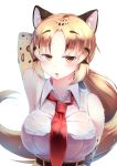 1girl :o absurdres animal_ears animal_print arm_behind_head armpits blonde_hair breasts clouded_leopard_(kemono_friends) commentary_request elbow_gloves eyebrows_visible_through_hair gloves high-waist_skirt highres kanzakietc kemono_friends large_breasts leopard_ears leopard_print long_hair looking_at_viewer necktie print_gloves red_neckwear shirt simple_background skirt sleeveless sleeveless_shirt solo upper_body wet wet_clothes white_background white_shirt yellow_eyes 