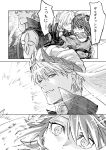  1boy 2girls ahoge comic earrings fate/grand_order fate_(series) fujimaru_ritsuka_(female) gilgamesh gilgamesh_(caster)_(fate) gloves hat highres jewelry looking_at_another looking_back mash_kyrielight monochrome multiple_girls parted_lips tattoo yukiyago 