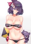  1girl arms_behind_back bangs bare_shoulders bikini black_bikini blush breasts cleavage collarbone commentary_request fate/grand_order fate_(series) floral_print flower hair_bun hair_ornament hair_ribbon highres hips katsushika_hokusai_(fate/grand_order) large_breasts looking_at_viewer navel octopus open_mouth painting_summer purple_hair red_ribbon ribbon sankakusui shiny shiny_hair short_hair simple_background smile solo swept_bangs swimsuit tokitarou_(fate/grand_order) violet_eyes waist white_background 