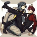  2boys armor black_hair box grey_eyes japanese_armor long_hair male_focus multiple_boys oodenta_mitsuyo ookanehira_(touken_ranbu) redhead shoulder_armor sode touken_ranbu 