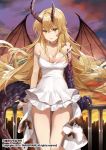  1girl blonde_hair breasts brown_eyes cityscape copyright_request dragon_tail dragon_wings dress horns ice_(ice_aptx) leaning_on_rail long_hair looking_at_viewer medium_breasts official_art railing scales smile solo standing tail twilight very_long_hair watermark white_dress wings yellow_sky 