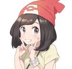  1girl bangs beanie blush commentary_request creatures_(company) facing_viewer finger_to_cheek game_freak grey_eyes hat looking_at_viewer mizuki_(pokemon) nintendo open_mouth pokemon pokemon_(game) pokemon_sm portrait shirt short_hair simple_background smile solo solo_focus strap teeth unapoppo white_background z-ring 