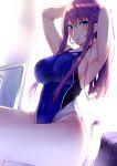  1girl armpits arms_up backlighting bag blue_eyes blue_swimsuit blush breasts competition_swimsuit covered_navel dutch_angle eyebrows_visible_through_hair hair_ribbon highres indoors kaerunoashi large_breasts long_hair mouth_hold one-piece_swimsuit original purple_hair ribbon school_bag sideboob sidelocks sitting smile solo swimsuit tying_hair 