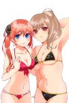  2girls arm_behind_head armpits bikini black_bikini blue_eyes blush breasts brown_hair cleavage collarbone eyebrows_visible_through_hair genderswap genderswap_(mtf) gintama hair_between_eyes hair_bun hair_over_shoulder highres kagura_(gintama) long_hair looking_at_viewer medium_breasts multiple_girls navel okita_sougo orange_hair red_bikini red_eyes shiny shiny_hair shiny_skin sideboob simple_background standing swimsuit twintails under_boob white_background yorozuygintamam 