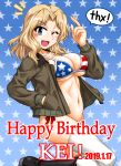  1girl ;d american_flag_bikini bikini black_footwear blonde_hair blue_eyes boots breasts brown_jacket character_name cleavage commentary_request cowboy_shot dated english_text eyebrows_visible_through_hair flag_print gesture girls_und_panzer hair_intakes hand_in_pocket happy_birthday jacket kay_(girls_und_panzer) large_breasts leg_up light_blush long_hair looking_at_viewer military military_uniform navel no_pants notice_lines one_eye_closed oosaka_kanagawa open_clothes open_jacket open_mouth saunders_military_uniform side-tie_bikini skindentation smile solo standing standing_on_one_leg star starry_background swimsuit thigh-highs uniform white_legwear 