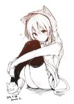  1girl animal_hood ass black_legwear blush cat_hood cat_slippers cat_tail copyright_request eyebrows_visible_through_hair heart hood knees_up legs_together long_sleeves looking_at_viewer mokufuu monochrome simple_background sitting skirt slippers smile solo tail thigh-highs white_background 