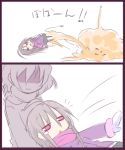  2girls 2koma :3 bangs black_skirt closed_mouth comic commentary_request explosion eyebrows_visible_through_hair faceless faceless_female fur-trimmed_sleeves fur_trim grey_hair hair_between_eyes hime_(suguri) hono jacket long_sleeves lowres mittens multiple_girls notice_lines parted_lips purple_jacket red_eyes silent_comic skirt suguri suguri_(character) translation_request white_background white_mittens 