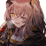  bangs brown_hair bruise collared_shirt crossed_bangs damaged dirty fingerless_gloves girls_frontline gloves hair_between_eyes hair_ornament hand_up headgear injury jacket long_hair looking_at_viewer mod3_(girls_frontline) one_eye_closed one_side_up open_mouth scar scar_across_eye shirt silence_girl simple_background smile strap sweat ump45_(girls_frontline) upper_body white_background yellow_eyes 