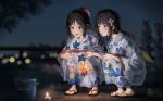  2girls :d bangs black_hair blunt_bangs blurry blurry_background blush brown_eyes brown_hair collarbone eyebrows_visible_through_hair fireworks floral_print flower full_body hair_flower hair_ornament hibike!_euphonium japanese_clothes kasaki_nozomi kimono liz_to_aoi_tori long_hair multiple_girls open_mouth parted_bangs print_kimono senkou_hanabi shiny shiny_hair smile sparkler squatting tree_bowbow yoroizuka_mizore yukata 