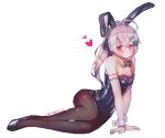  1girl alternate_costume alternate_hairstyle animal_ears arm_garter arm_support bangs bare_shoulders blush bow bowtie breasts bunnysuit cleavage detached_collar eyebrows_visible_through_hair flying_heart girls_frontline hair_between_eyes hair_ornament hairclip hanato_(seonoaiko) highres iws-2000_(girls_frontline) large_breasts leotard long_hair looking_at_viewer pantyhose ponytail rabbit_ears red_eyes ribbon sidelocks silver_hair simple_background smile solo tail twitter_username white_background wrist_cuffs 