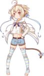 ahoge andira_(granblue_fantasy) animal_ears bell blonde_hair blue_bow blue_ribbon blue_shorts blush bow closed_mouth commentary_request full_body fur-trimmed_jacket fur-trimmed_shorts fur_trim granblue_fantasy hair_ribbon hands_on_hips head_tilt hono jacket jingle_bell long_sleeves monkey_ears monkey_girl monkey_tail navel open_clothes open_jacket pigeon-toed red_eyes ribbon short_hair short_shorts shorts simple_background sleeves_past_wrists standing striped striped_legwear tail tail_bell tail_bow thigh-highs tiara toeless_legwear two_side_up white_background white_jacket 
