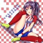  1girl :d aikawa_fuuri blue_eyes blue_shorts checkered checkered_background looking_at_viewer mokufuu open_mouth original red_legwear red_shirt shirt shoes shorts smile soccer_uniform solo sportswear spread_legs t-shirt thigh-highs white_background yellow_footwear 