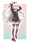  1girl amatsukaze_(kantai_collection) arms_up black_hairband black_shirt brown_eyes dress_shirt floating_hair full_body garter_straps grey_neckwear hairband highres kantai_collection long_hair open_mouth red_footwear red_legwear shirt silver_hair solo standing thigh-highs twintails ueno_(sakumogu-029) very_long_hair white_background 