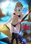  1girl absurdres artoria_pendragon_(all) beach bikini black_bow bow breasts choker collarbone fate/grand_order fate_(series) gun highres hq19910119 lips looking_to_the_side maid_headdress navel rifle saber saber_alter scope silver_hair sniper_rifle solo standing swimsuit sword thigh-highs thigh_gap under_boob weapon wind yellow_eyes 