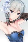  1girl anastasia_(idolmaster) armpits black_gloves black_ribbon blue_eyes breasts choker cleavage collarbone elbow_gloves eyebrows_visible_through_hair gloves grey_background hair_between_eyes hair_ornament head_tilt idolmaster idolmaster_cinderella_girls medium_breasts nannacy7 ribbon ribbon_choker short_hair silver_hair simple_background smile solo strapless upper_body 