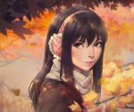  1girl autumn autumn_leaves bangs black_hair blush brown_eyes brown_jacket closed_mouth commentary_request earmuffs face falling_leaves from_side hair_between_eyes highres jacket kimishima_kana kiseijuu leaf long_hair looking_at_viewer looking_to_the_side miura-n315 motion_blur outdoors portrait red_lips scarf shiny shiny_hair sidelocks smile solo straight_hair tree_branch white_scarf 