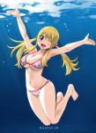  1girl ;d absurdres armpits arms_up artist_name barefoot bikini blonde_hair blush breasts brown_eyes cleavage eyebrows_visible_through_hair fairy_tail full_body gaston18 hair_between_eyes hair_ornament hair_scrunchie highres large_breasts long_hair looking_at_viewer lucy_heartfilia one_eye_closed open_mouth pink_scrunchie scrunchie smile solo striped striped_bikini swimsuit twintails under_boob underwater vertical-striped_bikini vertical_stripes 