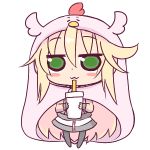  1girl :3 bangs black_legwear blonde_hair blush_stickers brown_jacket chibi chicken_costume closed_mouth commentary_request cosplay cup disposable_cup drinking_glass drinking_straw eyebrows_visible_through_hair full_body green_eyes hair_between_eyes himouto!_umaru-chan holding holding_cup hono hood hood_up jacket komaru komaru_(cosplay) long_hair long_sleeves lowres no_shoes official_art pantyhose skirt sleeves_past_wrists solo sora_(suguri) standing suguri transparent_background very_long_hair white_skirt 