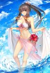  1girl bare_shoulders bell blush breasts brown_eyes brown_hair character_request cleavage collarbone eyebrows_visible_through_hair flower hair_bell hair_flower hair_ornament highres large_breasts long_hair looking_at_viewer luoxuan_jingjie_xian mole mole_under_eye navel official_art parted_lips ponytail solo standing swimsuit weiyinji_xsk 