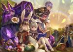  1girl 4boys animal_ears aosta_(sdorica_-sunset-) black_gloves book brother_and_sister character_request charle_(sdorica_-sunset-) closed_eyes egg facing_viewer flower gloves grey_hair hand_up hat holding holding_book jeonpa leah_(sdorica_-sunset-) lio_(sdorica_-sunset-) mecha monocle multiple_boys open_book open_mouth outdoors paws purple_hair rabbit_ears red_eyes sdorica_-sunset- siblings sitting standing sunset thought_bubble white_hair 