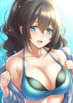  1girl bangs bare_shoulders bikini black_hair blue_background blue_bikini blue_bikini_top blue_eyes blue_jacket blush breasts cleavage collarbone commentary_request gradient gradient_background hair_between_eyes highres idolmaster idolmaster_cinderella_girls jacket large_breasts long_hair looking_at_viewer off_shoulder open_clothes open_jacket open_mouth ponytail sagisawa_fumika shouji_nigou smile solo sparkle swimsuit 
