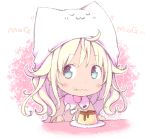  1girl :3 ahoge animal_hat bangs blonde_hair blue_eyes blush cat_hat eating food food_on_face hat holding holding_spoon kuro_(kuroneko_no_kanzume) long_hair original pale_color pink_shirt plate pudding shirt solo spoon u_u upper_body wavy_mouth 