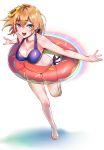  1girl :d absurdres barefoot bikini blue_eyes breasts cleavage doughnut eyebrows_visible_through_hair floating_hair flower food full_body hair_between_eyes hair_flower hair_ornament highres innertube kujuu_shikuro leg_up light_brown_hair looking_at_viewer miyamori_aoi open_mouth outstretched_arms purple_bikini shiny shiny_clothes shiny_hair shirobako side-tie_bikini simple_background smile solo sunflower swimsuit white_background 