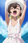  1girl :d ^_^ armpits arms_up blue_sky breasts brown_hair cleavage closed_eyes closed_eyes clouds collarbone dress gegege_no_kitarou hair_between_eyes hair_ornament hairclip haruyama_kazunori hat inuyama_mana open_mouth outdoors short_hair sky smile solo white_dress white_hat 