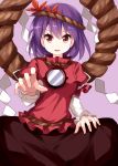  1girl :d arm_ribbon bangs breasts brown_skirt commentary_request eyebrows_visible_through_hair hair_between_eyes hair_ornament highres leaf_hair_ornament long_sleeves looking_at_viewer medium_breasts mirror open_mouth puffy_short_sleeves puffy_sleeves purple_background purple_hair reaching_out red_eyes red_shirt ribbon rope ruu_(tksymkw) shide shimenawa shirt short_hair short_sleeves simple_background sitting skirt smile solo touhou white_ribbon yasaka_kanako 
