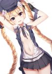  1girl armpits arms_behind_head arms_up blonde_hair braid commentary dutch_angle flat_chest girls_frontline hair_ornament hat highres jacket long_hair looking_at_viewer mk82_(hoonsyh) navel necktie open_clothes open_shirt petite simple_background solo sr-3mp_(girls_frontline) thigh_gap thighs twin_braids very_long_hair violet_eyes white_background 
