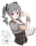  1girl black_bow blush book bow breasts closed_mouth commentary_request dress drill_hair grey_dress grey_hair hair_bow hand_up highres holding holding_book idolmaster idolmaster_cinderella_girls kanzaki_ranko medium_breasts muchi_maro open_book puffy_short_sleeves puffy_sleeves red_eyes short_sleeves simple_background smile solo twin_drills underbust white_background 
