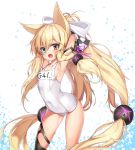  1girl animal_ears arched_back armpits arms_behind_head bangs blonde_hair blush braid breasts collarbone covered_navel ehart eyebrows_visible_through_hair fang fox_ears g41_(girls_frontline) girls_frontline hair_between_eyes hair_ornament hair_ribbon heterochromia long_hair looking_at_viewer low-tied_long_hair open_mouth ponytail ribbon school_swimsuit shiny shiny_skin side_braid sideboob simple_background small_breasts solo standing swimsuit tied_hair twintails very_long_hair white_swimsuit 