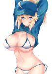  1girl ahoge arms_up artoria_pendragon_(all) bangs baseball_cap bikini blonde_hair blue_eyes blue_hat blush breasts cleavage closed_mouth commentary_request fate/grand_order fate_(series) hair_between_eyes hat highres hips large_breasts long_hair looking_at_viewer mysterious_heroine_xx_(foreigner) navel ponytail sankakusui shrug_(clothing) side-tie_bikini simple_background smile solo swimsuit waist white_background white_bikini zipper_pull_tab 