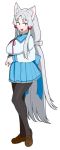  1girl :3 :d alternate_costume animal_ear_fluff animal_ears black_legwear blue_sailor_collar blue_skirt breasts brown_footwear eyebrows_visible_through_hair fox_ears full_body hair_intakes highres large_breasts lewis loafers long_hair long_sleeves low-tied_long_hair open_mouth pantyhose pink_ribbon ribbon sailor_collar school_uniform serafuku shirt shoes silver_hair simple_background skirt smile solo thick_eyebrows touhoku_itako very_long_hair violet_eyes voiceroid white_background white_shirt 