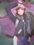  1girl alternate_hairstyle baseball_cap blue_bodysuit bodysuit brown_hair d.va_(overwatch) dirty_face hat headphones headphones_around_neck highres jacket kukie-nyan mecha overwatch ribbed_bodysuit shooting_star_d.va solo wrench 