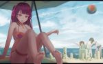  3girls ball barefoot beach beachball bikini blue_sky brown_hair clouds girls_frontline highres jewelry m4a1_(girls_frontline) mmmmmkun multiple_girls necklace purple_hair red_eyes sand_castle sand_sculpture sky soles sweat swimsuit tassel ump9_(girls_frontline) wa2000_(girls_frontline) 