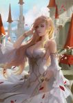  angelia bare_shoulders bird blonde_hair blue_sky bracelet breasts castle cleavage clouds day detached_sleeves dress gold_trim jewelry long_hair medium_breasts outdoors petals sdorica_-sunset- sky standing tiara user_ucye4228 very_long_hair white_dress yellow_eyes 